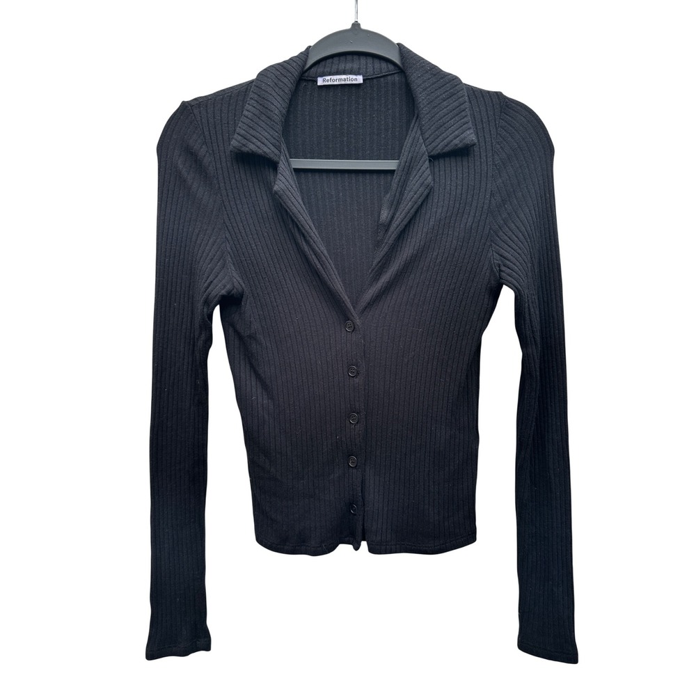 Reformation Black Ribbed Collared Button Front Long Sleeve Cardigan Top Small